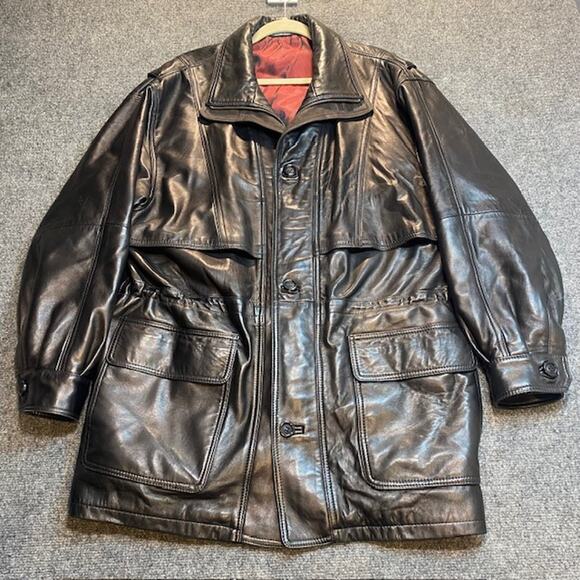 Vintage 90s Barcelino Black Leather Car Coat Men 42 Overcoat Soft Lamb MidLength - Picture 1 of 12